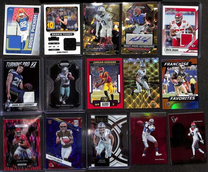 Lot of (80+) Various Football Cards inc. 2024 Prizm Draft Picks Jayden Daniels RC Red Cracked Ice, 2023 Donruss Optic C.J. Stroud Green Lazer, 2023 Zenith C.J. Stroud Patch